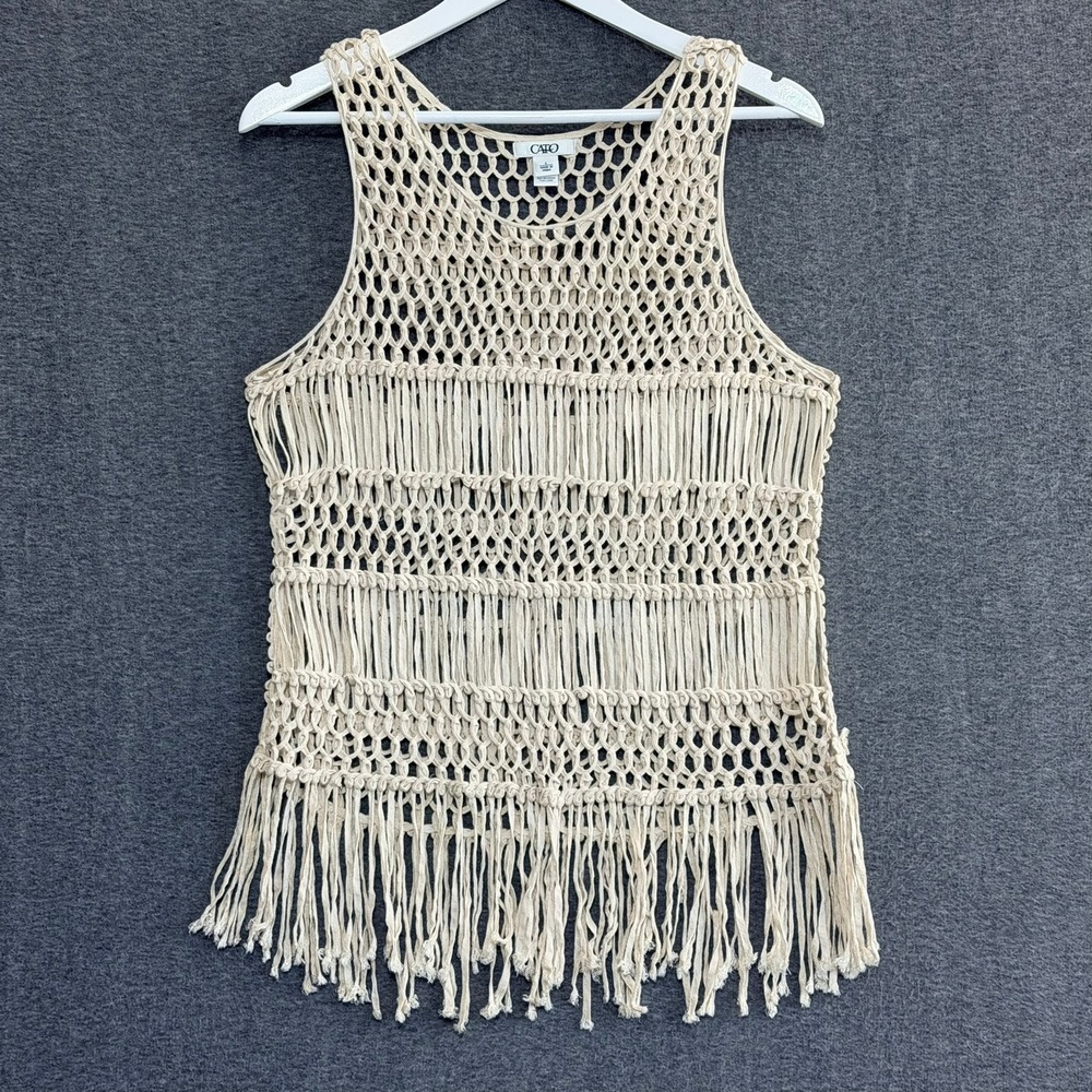 Macrame Fringe Tank Top Womens Size L Festival Bohemian Earthy Layer Artsy Indie